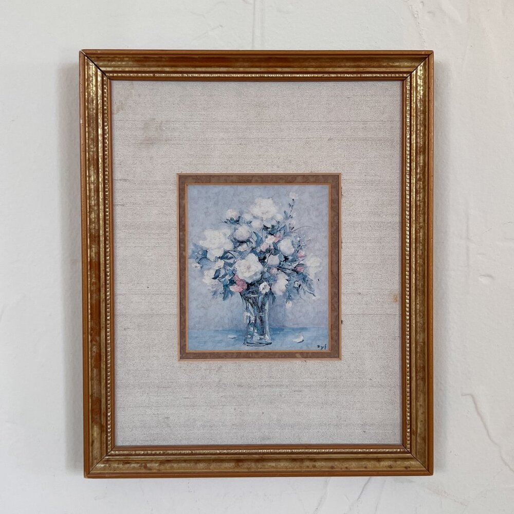 Gold Vintage Wood Picture Frame with linen & Gold Matte Border & Blue Floral Pic